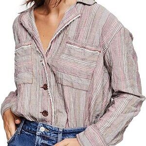 Free People High Tide Striped Button-Down Oversized Button Shirt S Pink Sands